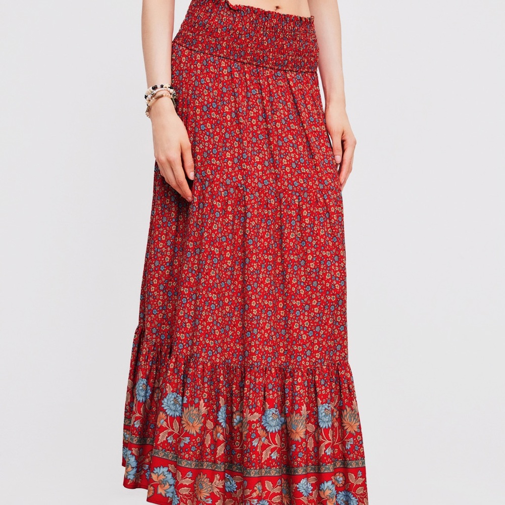 Red Floral Maxi Skirt with Smocked Waist